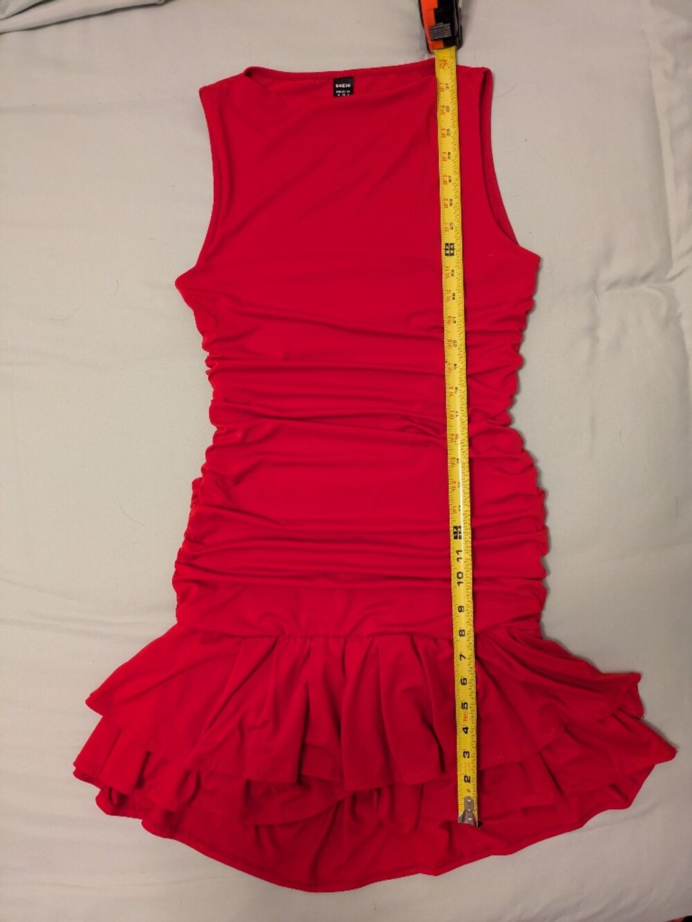 Red Ruched Bodycon Drop Waist Ruffle Mini Dress - Picture 5 of 7